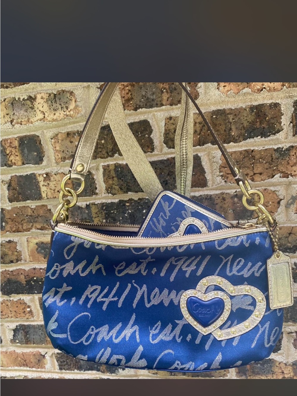 Coach Y2K  Poppy Lurex Blue Script Heart satchel/crossbody